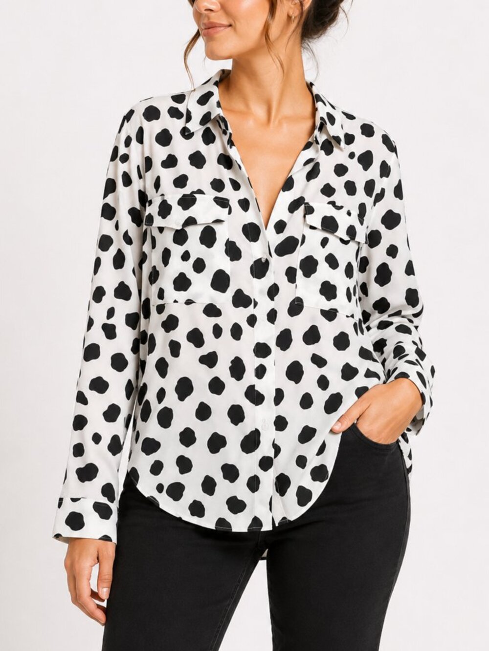 Ann Taylor White Black Cow Print Button Front Blouse Sz S Long Sleeve Career Top